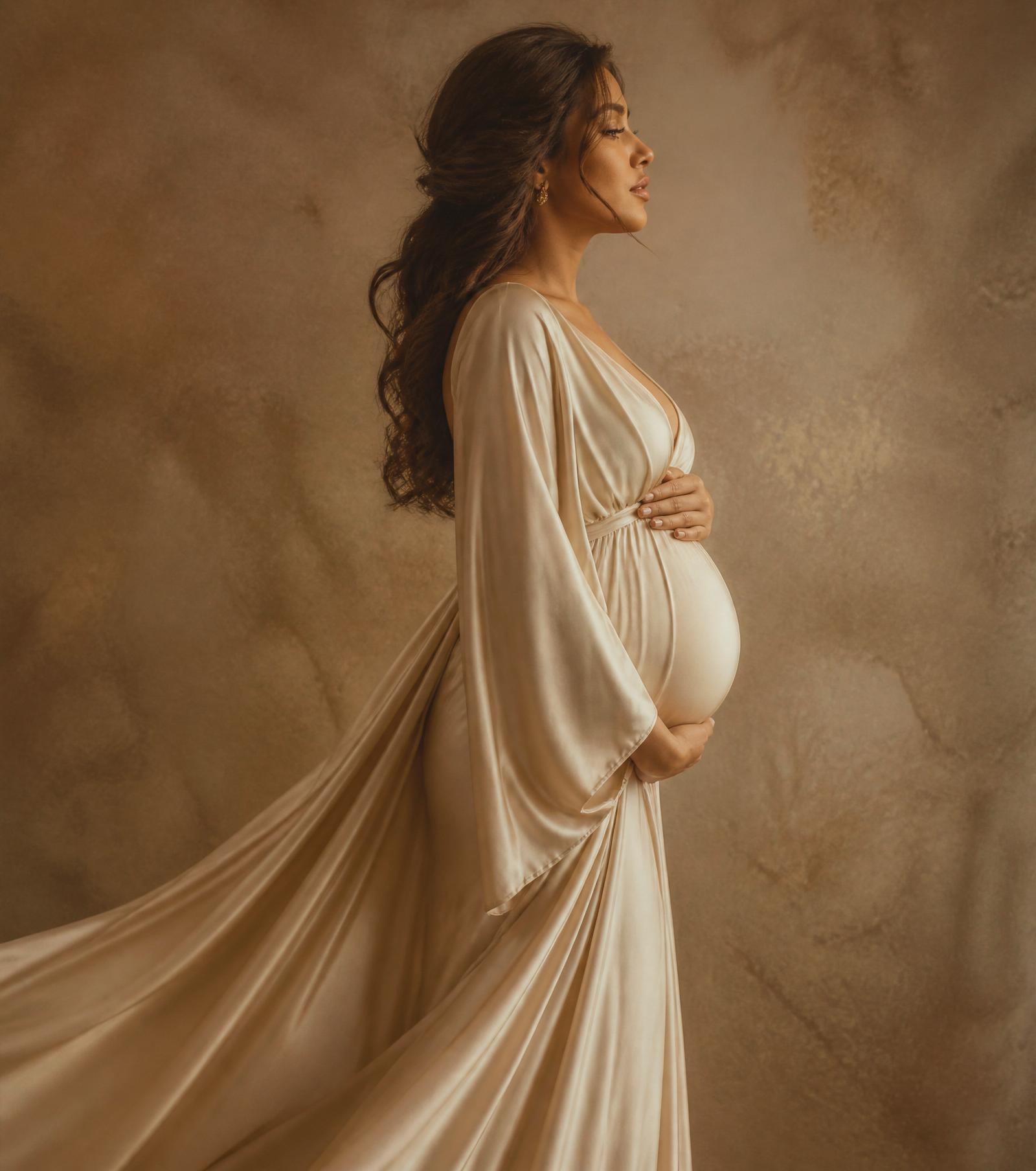 Fotografía elegante de una mamá embarazada en seda crema